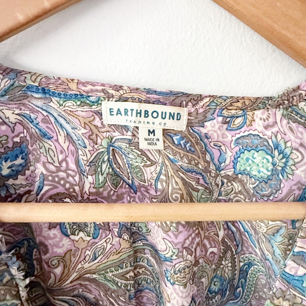 Earthbound Paisley Crop Top Medium Boho Bell Sleeve Tie Front Hippie Festival - Picture 3 of 8